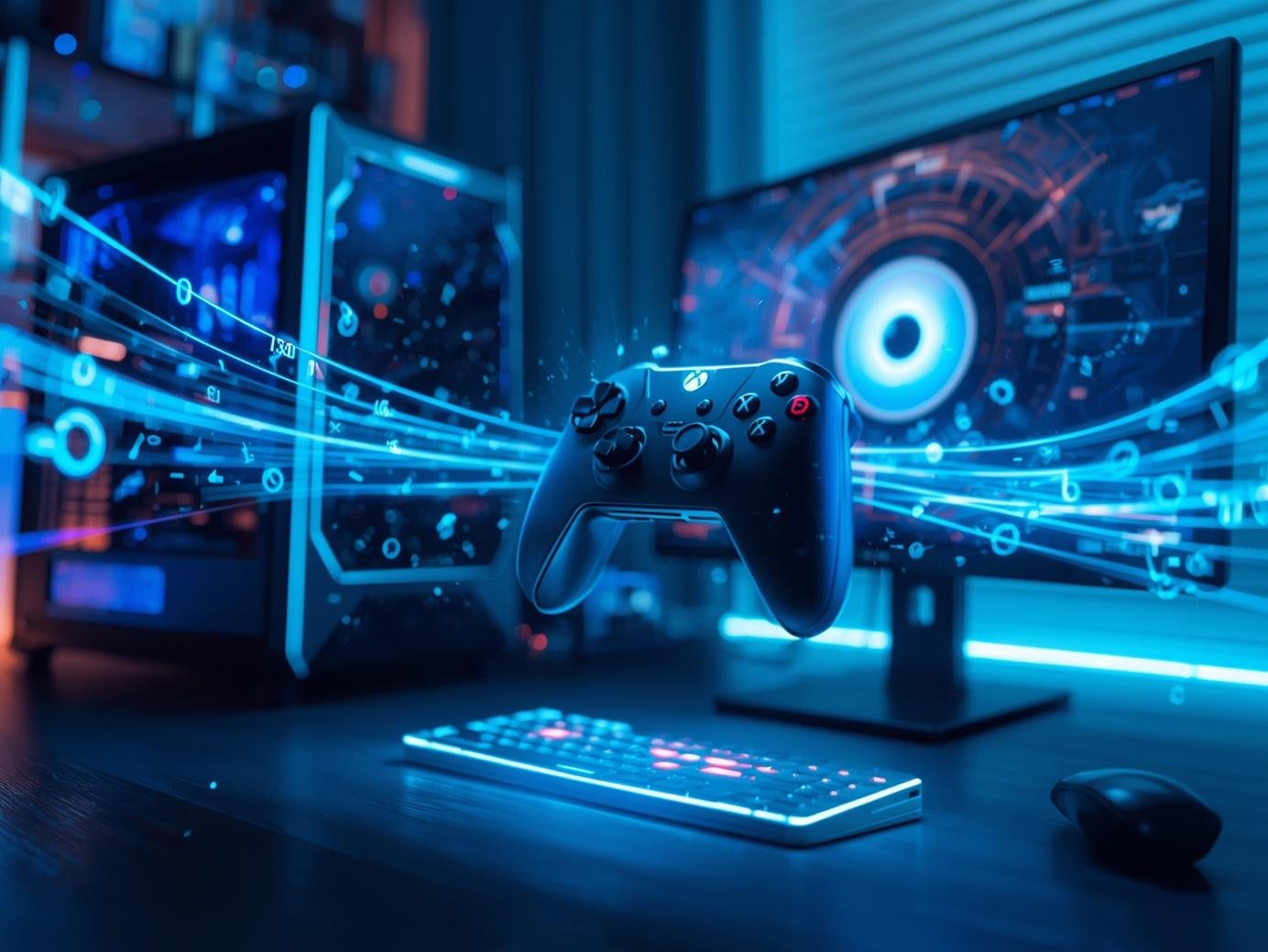 Modern gaming controller floating in a futuristic digital environment,
