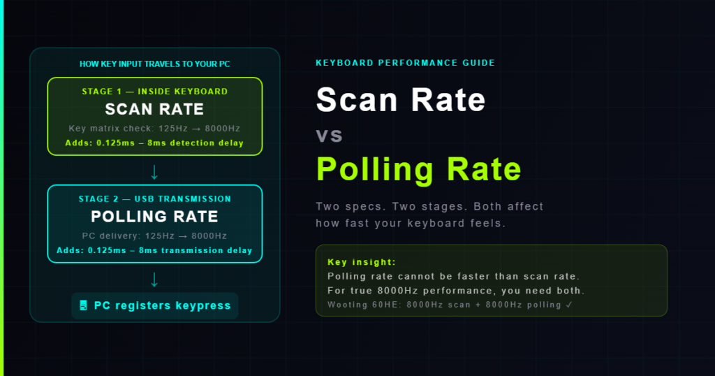 Keyboard scan rate vs polling rate comparison — two-stage input pipeline from key press to PC detection